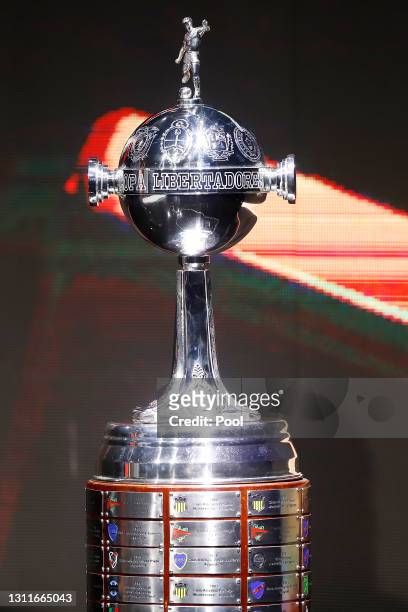 Detailed view of Copa Libertadores trophy during the official draw of Group Stage of Libertadores 2021 at CONMEBOL Headquarters on April 09, 2021 in...