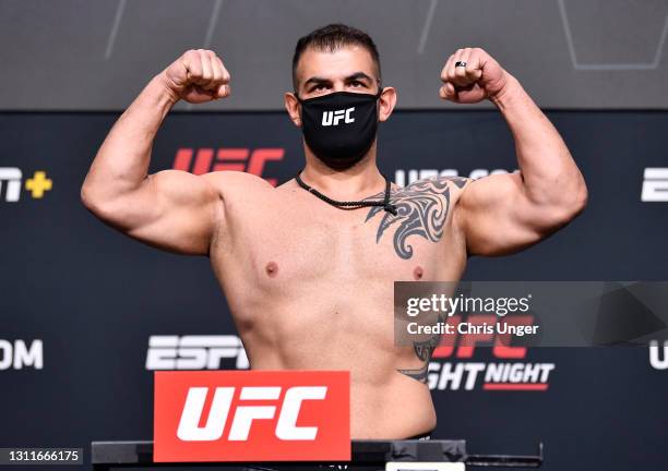 Jarjis Danho of Syria poses on the scale during the UFC weigh-in at UFC APEX on April 09, 2021 in Las Vegas, Nevada.