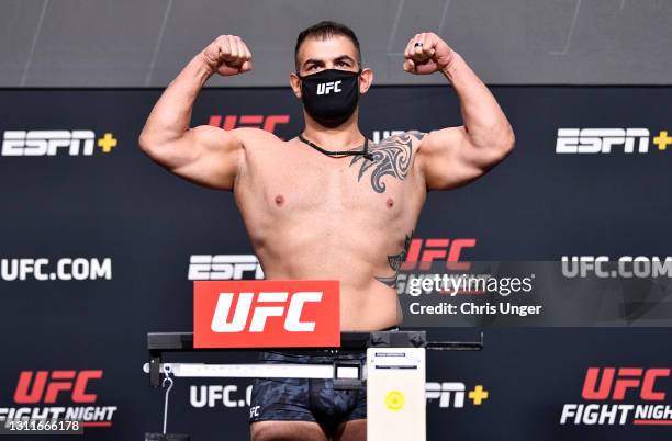 Jarjis Danho of Syria poses on the scale during the UFC weigh-in at UFC APEX on April 09, 2021 in Las Vegas, Nevada.