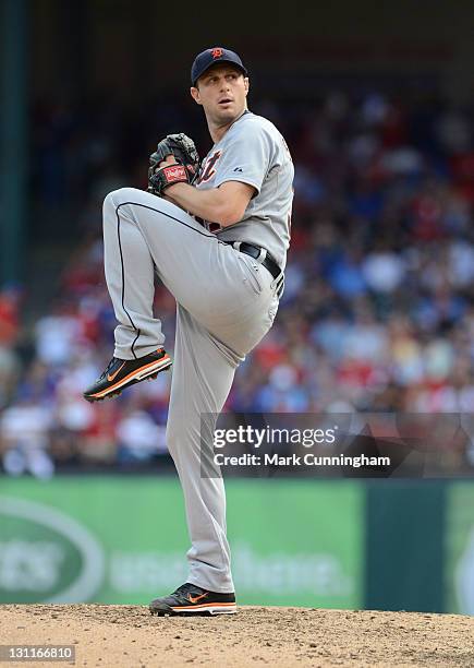 Max Scherzer of the Detroit Tigers pitches during Game Two of the American League Championship Series against the Texas Rangers at Rangers Ballpark...