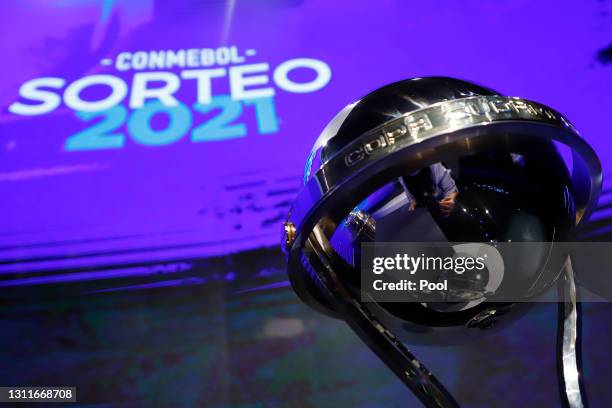 Detailed view of Copa Sudamericana trophy during the official draw organized by CONMEBOL in its headquarters on April 09, 2021 in Asuncion, Paraguay.