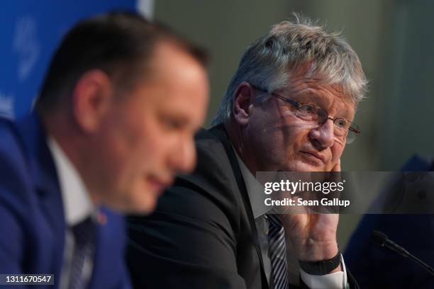 Tino Chrupalla and Joerg Meuthen, co-heads of the right-wing Alternative for Germany political party, speak to the media on the eve of the AfD...