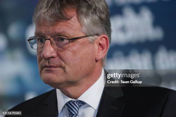 Joerg Meuthen, co-head of the right-wing Alternative for Germany political party, speaks to the media on the eve of the AfD federal party congress on...