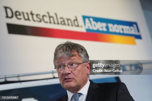 Joerg Meuthen, co-head of the right-wing Alternative for Germany political party, speaks to the media on the eve of the AfD federal party congress on...