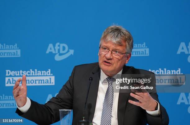 Joerg Meuthen, co-head of the right-wing Alternative for Germany political party, speaks to the media on the eve of the AfD federal party congress on...