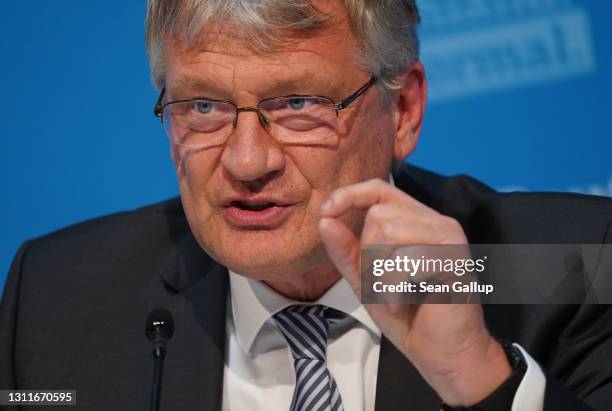 Joerg Meuthen, co-head of the right-wing Alternative for Germany political party, speaks to the media on the eve of the AfD federal party congress on...