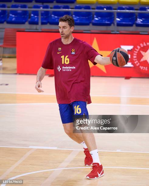 Pau Gasol, #16 of FC Barcelona warms up before the 2020/2021 Turkish Airlines EuroLeague Regular Season Round 34 match between FC Barcelona and FC...