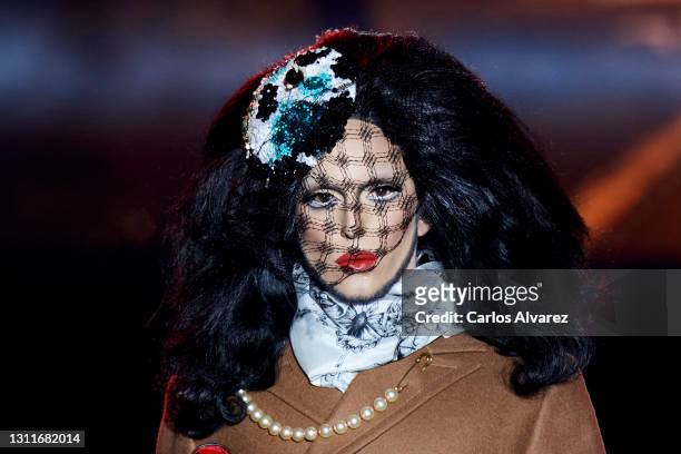 Model walks the runway at the Brain & Beast fashion show during Mercedes Benz Fashion Week Madrid April 2021 at Ifema on April 09, 2021 in Madrid,...