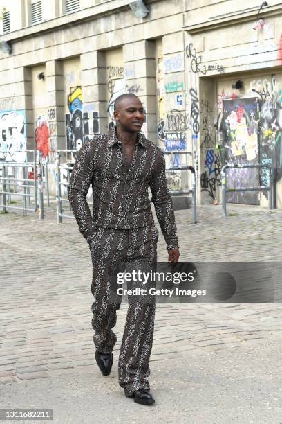 Skepta arrives at Bottega Veneta Salon 02 Berlin at the Berghain on April 09, 2021 in Berlin, Germany.