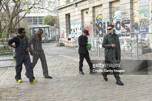 Kwes Darko, Skepta, Alex Sossah and Slowthai arrive at Bottega Veneta Salon 02 Berlin at the Berghain on April 09, 2021 in Berlin, Germany.