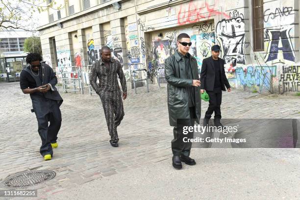 Kwes Darko, Skepta, Slowthai and Alex Sossah arrive at Bottega Veneta Salon 02 Berlin at the Berghain on April 09, 2021 in Berlin, Germany.