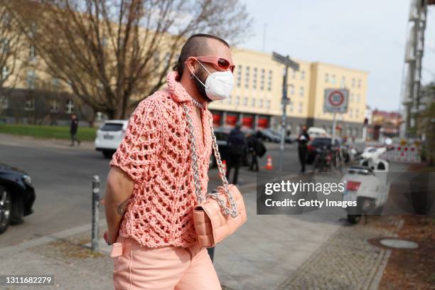 Marc Goehring arrives at Bottega Veneta Salon 02 Berlin at the Berghain on April 09, 2021 in Berlin, Germany.