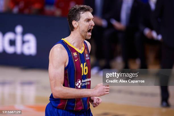 Pau Gasol, #16 of FC Barcelona reacts during the 2020/2021 Turkish Airlines EuroLeague Regular Season Round 34 match between FC Barcelona and FC...