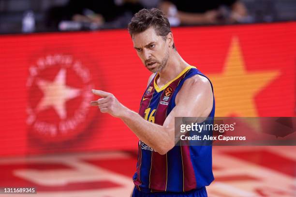 Pau Gasol, #16 of FC Barcelona reacts during the 2020/2021 Turkish Airlines EuroLeague Regular Season Round 34 match between FC Barcelona and FC...