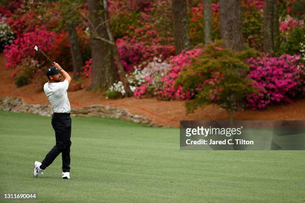 Jason Day of Australia plays a shot on the 13th hole during the second round of the Masters at Augusta National Golf Club on April 09, 2021 in...