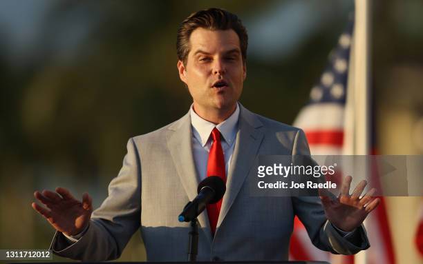 Rep. Matt Gaetz speaks during the "Save America Summit" at the Trump National Doral golf resort on April 09, 2021 in Doral, Florida. Mr. Gaetz...