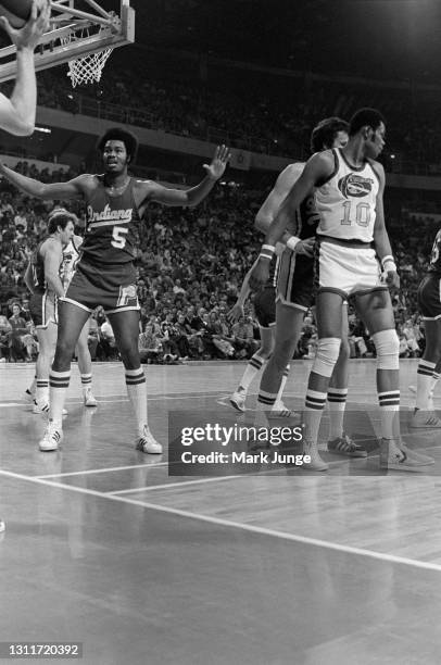 Indiana Pacers forward Travis Grant guards against an inbounds pass during an ABA basketball game against the Denver Nuggets at McNichols Arena on...