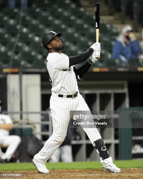 Luis Robert of the Chicago White Sox bats during the 2021 White Sox home opener against the Kansas City Royals on April 8, 2021 at Guaranteed Rate...