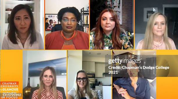 In this screengrab, Janice Min, Stacey Abrams, Samantha Barry, Samantha Bee, Eva Longoria, Jennifer Salke, and Dana Walden speak during the "Women In...