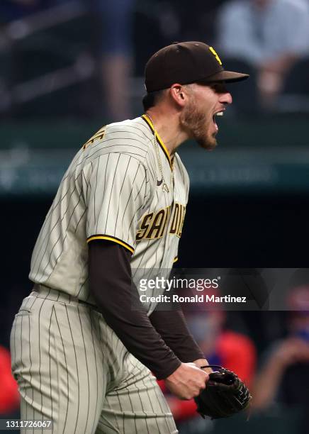 Joe Musgrove of the San Diego Padres reacts after pitching a no-hitter against the Texas Rangers at Globe Life Field on April 09, 2021 in Arlington,...