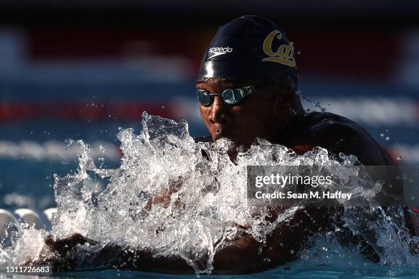 Reece Whitley competes in the Men's 200 Meter Breaststroke Heats on Day Two of the TYR Pro Swim Series at Mission Viejo at Marguerite Aquatics Center...