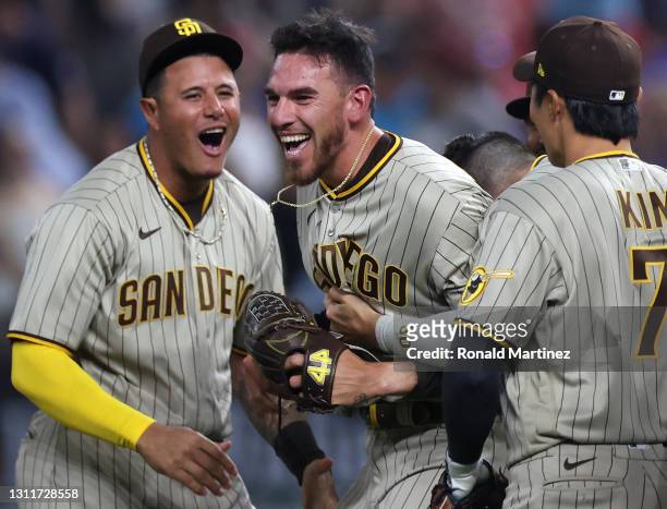 Joe Musgrove of the San Diego Padres celebrates with his team after pitching a no-hitter against the Texas Rangers at Globe Life Field on April 09,...