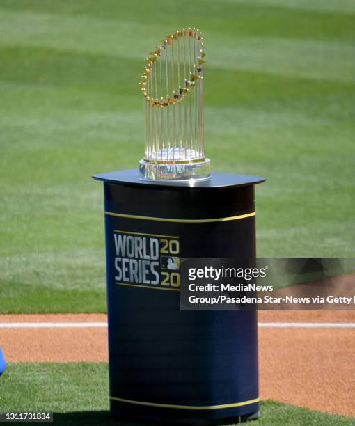 Los Angeles, CA The World Series championship trophy during the World series ring ceremony prior to a baseball game during Opening Day between the...
