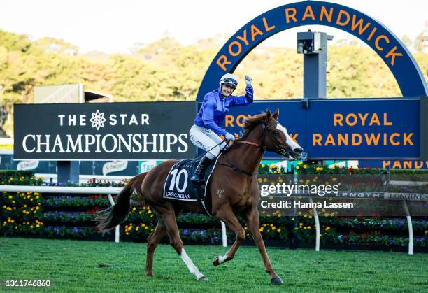 Jamie Kah on Cascadian returns to scale after winning race 9 the Star Doncaster Mile during The Championships Day 1 at Royal Randwick Racecourse on...