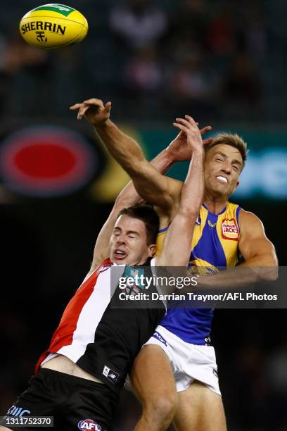 Brad Sheppard of the Eagles spoils Jack Higgins of the Saints during the round four AFL match between the St Kilda Saints and the West Coast Eagles...