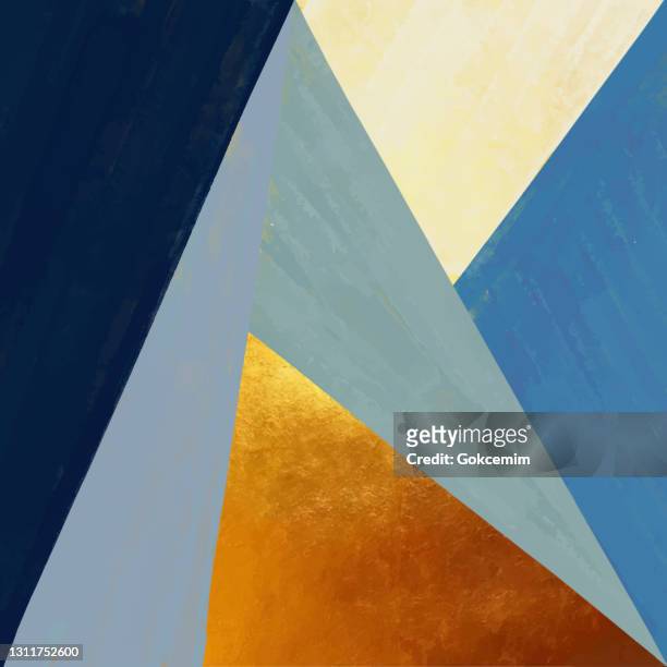 ilustrações de stock, clip art, desenhos animados e ícones de abstract geometric background with gold and pastel colored triangles. golden invitation, brochure or banner with minimalistic geometric style. gold lines, glitter, frame, vector fashion wallpaper, poster .abstract triangle multicolored acrylic painting ba - azul marinho