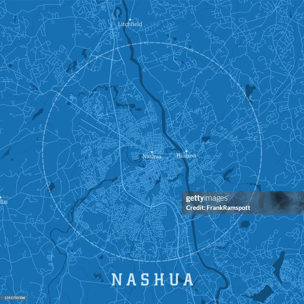 Nashua NH City Vector Road Map Blue Text