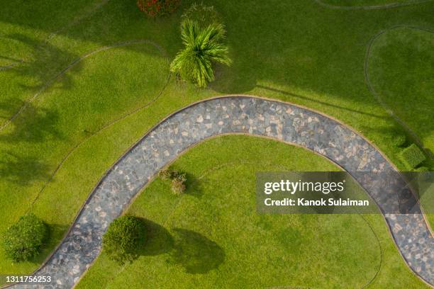 footpath from aerial - garden from above stockfoto's en -beelden