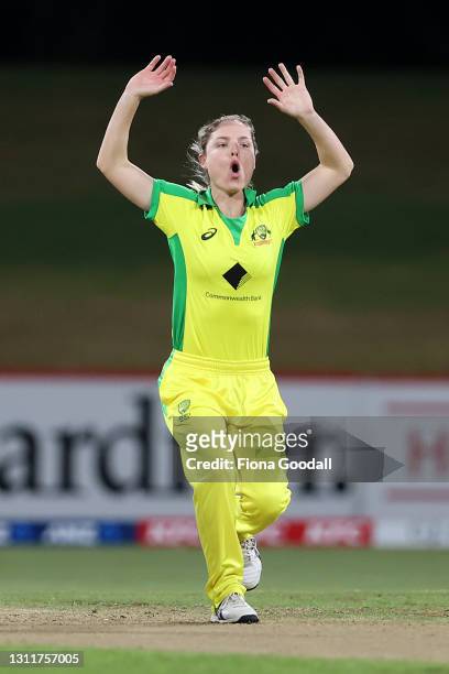 Nicola Carey of Australia reacts during game three of the One Day International series between the New Zealand White Ferns and Australia at Bay Oval...