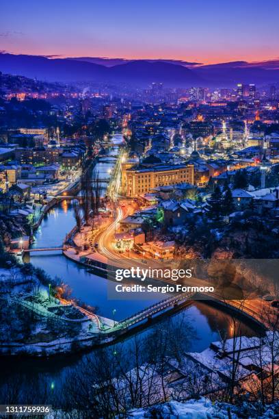 sarajevo city at night bosnia - sarajevo stock pictures, royalty-free photos & images