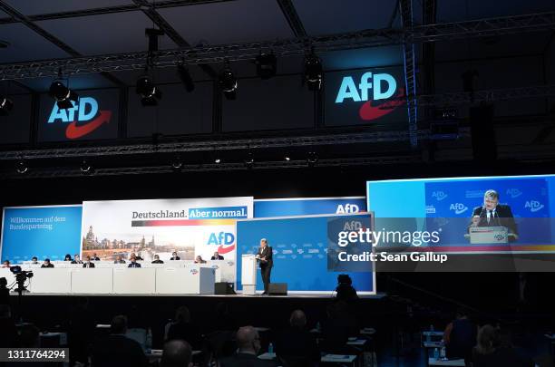 Joerg Meuthen, co-head of the right-wing Alternative for Germany political party, speaks to delegates at the AfD federal party congress on April 10,...