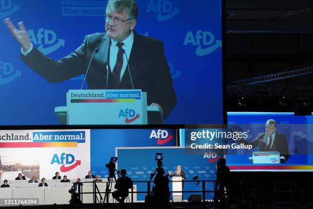 Joerg Meuthen, co-head of the right-wing Alternative for Germany political party, speaks to delegates at the AfD federal party congress on April 10,...