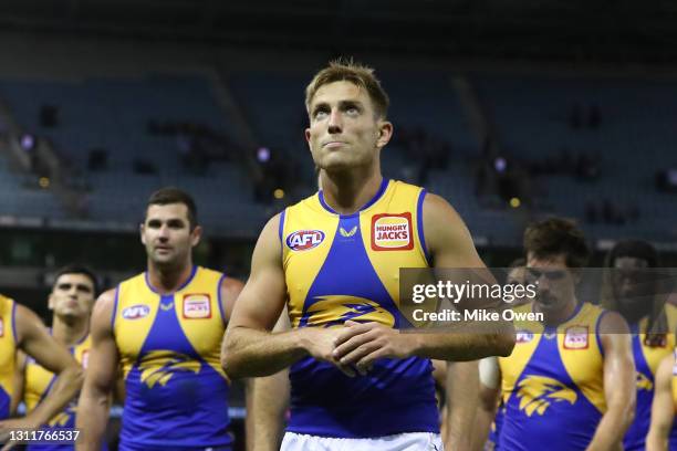 Brad Sheppard of the Eagles looks dejected as he leads off his team after losing the round four AFL match between the St Kilda Saints and the West...