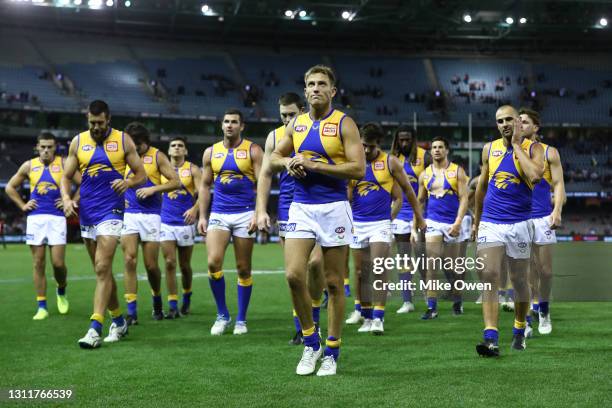 Brad Sheppard of the Eagles looks dejected as he leads off his team after losing the round four AFL match between the St Kilda Saints and the West...