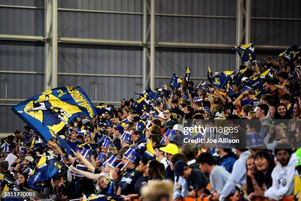 Fans watch on during the round seven Super Rugby Aotearoa match between the Highlanders and the Chiefs at Forsyth Barr Stadium, on April 10 in...