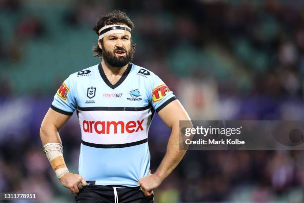 Aaron Woods of the Sharks looks dejected after a try during the round five NRL match between the Sydney Roosters and the Cronulla Sharks at Sydney...