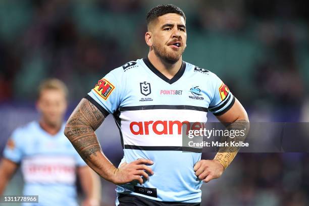 Braden Hamlin-Uele of the Sharks looks dejected after a try during the round five NRL match between the Sydney Roosters and the Cronulla Sharks at...