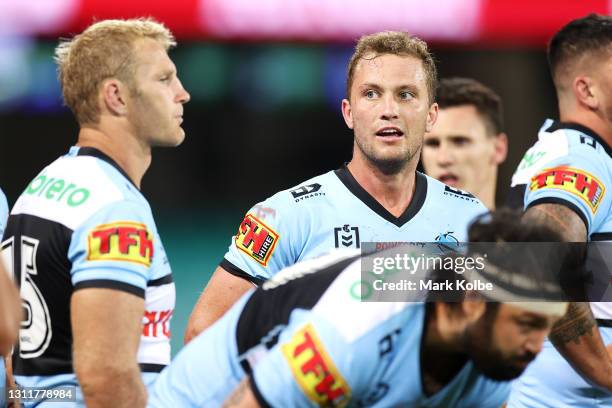Matt Moylan of the Sharks looks dejected after a try during the round five NRL match between the Sydney Roosters and the Cronulla Sharks at Sydney...