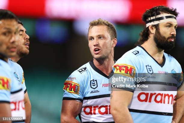 Matt Moylan of the Sharks looks dejected after a try during the round five NRL match between the Sydney Roosters and the Cronulla Sharks at Sydney...