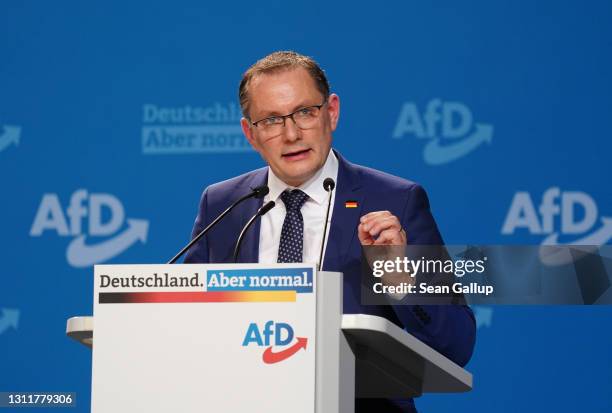 Tino Chrupalla, co-head of the right-wing Alternative for Germany political party, speaks to delegates at the AfD federal party congress on April 10,...