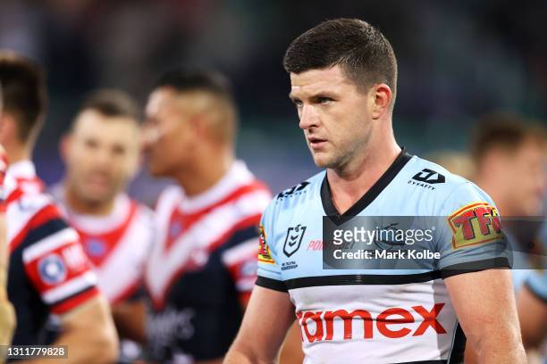 Chad Townsend of the Sharks looks dejected after defeat during the round five NRL match between the Sydney Roosters and the Cronulla Sharks at Sydney...