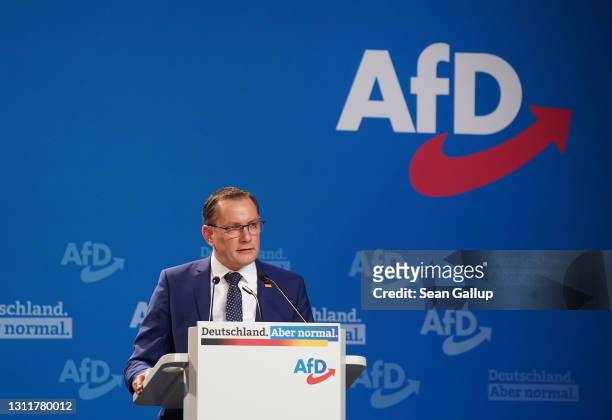 Tino Chrupalla, co-head of the right-wing Alternative for Germany political party, speaks to delegates at the AfD federal party congress on April 10,...