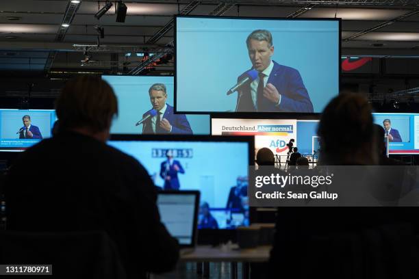 Leading member of the right-wing Alternative for Germany political party Björn Höcke speaks at the AfD federal party congress on April 10, 2021 in...