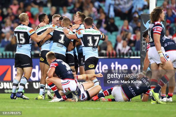 The Sharks celebrate a try scored by Jack Williams during the round five NRL match between the Sydney Roosters and the Cronulla Sharks at Sydney...