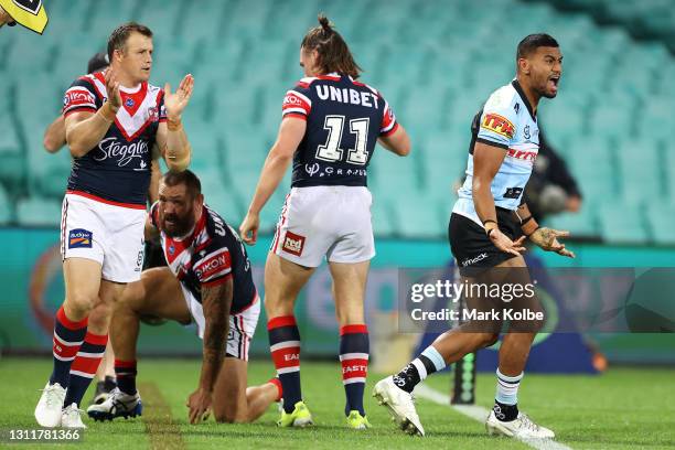 Ronaldo Mulitalo of the Sharks appeals to the referee after being forced into touch during the round five NRL match between the Sydney Roosters and...