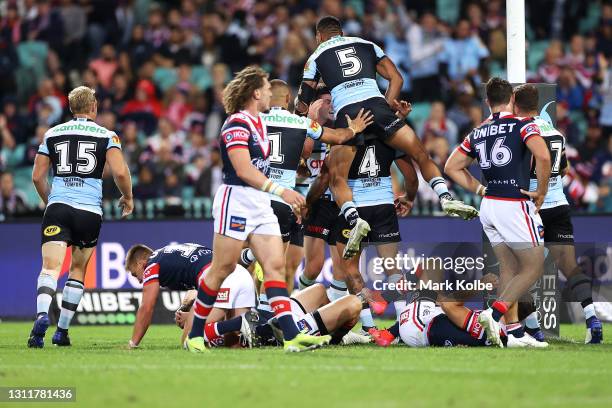 The Sharks celebrate a try scored by Jack Williams during the round five NRL match between the Sydney Roosters and the Cronulla Sharks at Sydney...